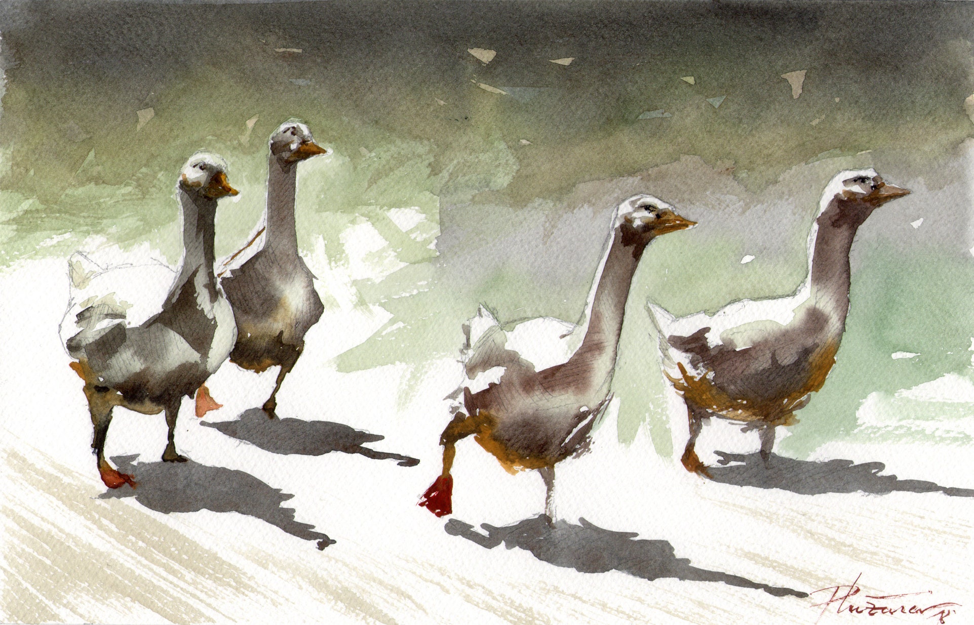 Watercolor Painting. Giclée Print of Geese on the Run Etsy
