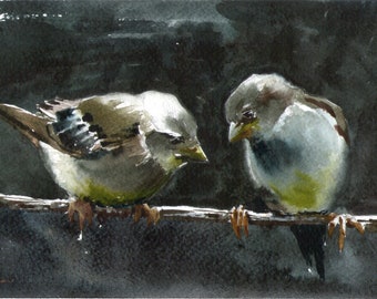 Watercolor painting. Giclée print of Two sparrows