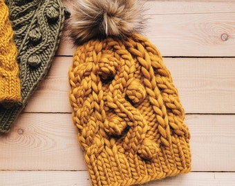 Knitting PATTERN // Snowberry Beanie Super Bulky // KnitHat // Cable Knit Hat // Kids Knits // Adult Hat // Chunky Knit Hat // Bobble Hat