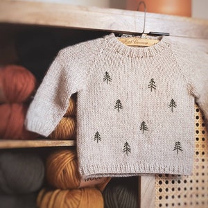 May include: A beige knitted sweater with a crew neck and a pattern of small green trees. The sweater is hanging on a wooden hanger and is surrounded by balls of yarn in various colors.