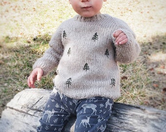 KNITTING PATTERN // Little Forest Jumper // Kids Knit Sweater // Pine Tree Sweater // Raglan Top
