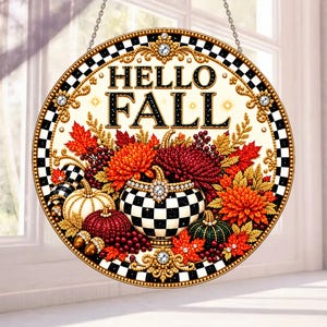 Hello Fall Pumpkin & Floral Decor DIY Diamond Painting Kit – Single Sided Sun Catcher