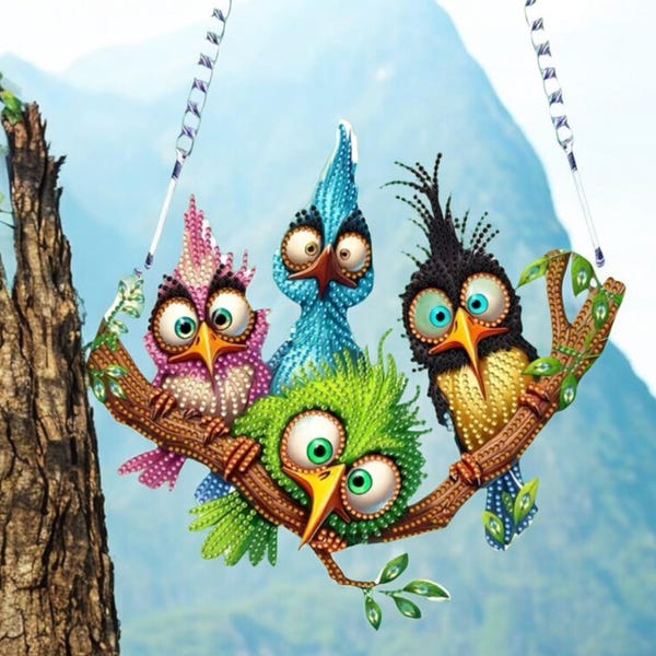 Kit de atrapasol con pintura de diamantes de pájaros tontos: decoración de ventana de doble cara
