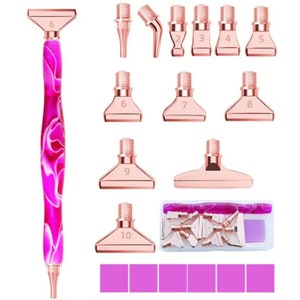Professioneller Diamantmalerei-Stift mit 12 Rosegold-Bohrköpfen, dunkelrosa Harzgriff, Aufbewahrungsbox und Wachs