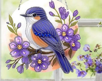 Bluebird & Purple Floral DIY Diamond Painting Kit – Double Sided Sun Catcher