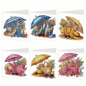 Beach Umbrella and Summer Drink Diamond Painting Card Kit – Set of 6 DIY Greeting Cards with Tools & Rhinestones Included