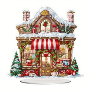 Christmas Candy Shop Diamond Painting Kit – 5D DIY Holiday Scene with Red and White Awning, Tools & Rhinestones Included