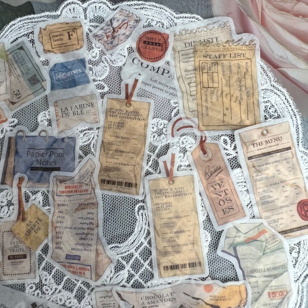 Vintage Menu’s And Nostalgic Ticket Stubs On Antiqued Paper, 40 Deco Stickers