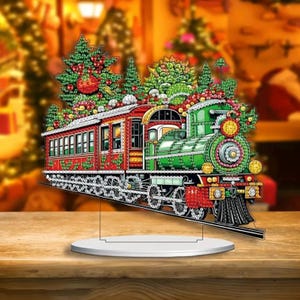 クリスマストレイン卓上キット - DIYダイヤモンドペインティング（ツールとラインストーン付き） - お祝いの2Dホリデーデコレーション - フラット片面オーナメント