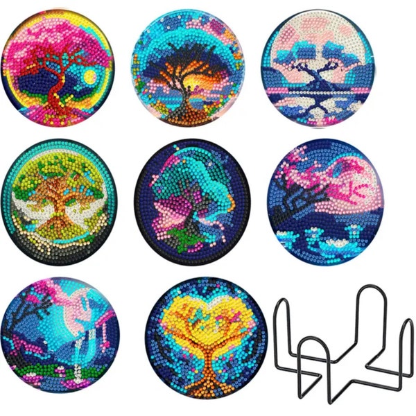 Flash Sale: DIY Set of 8 Tree of Life Coasters Depicting the 4 Seasons - 5D Diamond Painting Kit with Tools and Rhinestones