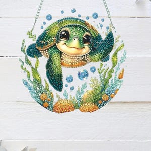 Kit de peinture diamant Jeune tortue de mer ludique - Décoration de fenêtre suspendue attrape-soleil bricolage avec strass et outils