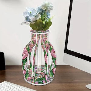 Rosa Tulpe Diamantmalerei Vase - DIY 3D Craft Kit mit Reagenzglas | Zweiseitige Tischdeko mit Strasssteinen