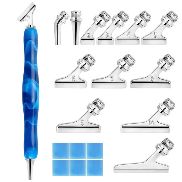 13 Piece Ergonomic Diamond Painting Pen, With 12 Silver Drill Heads With Dark Blue Resin Handle, Storage Box and Wax