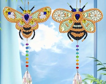 DIY 2 Large Bee Sun Catchers With Crystal Tassel, Double Sided Diamond Painting Kit, Tools and Rhinestones Included