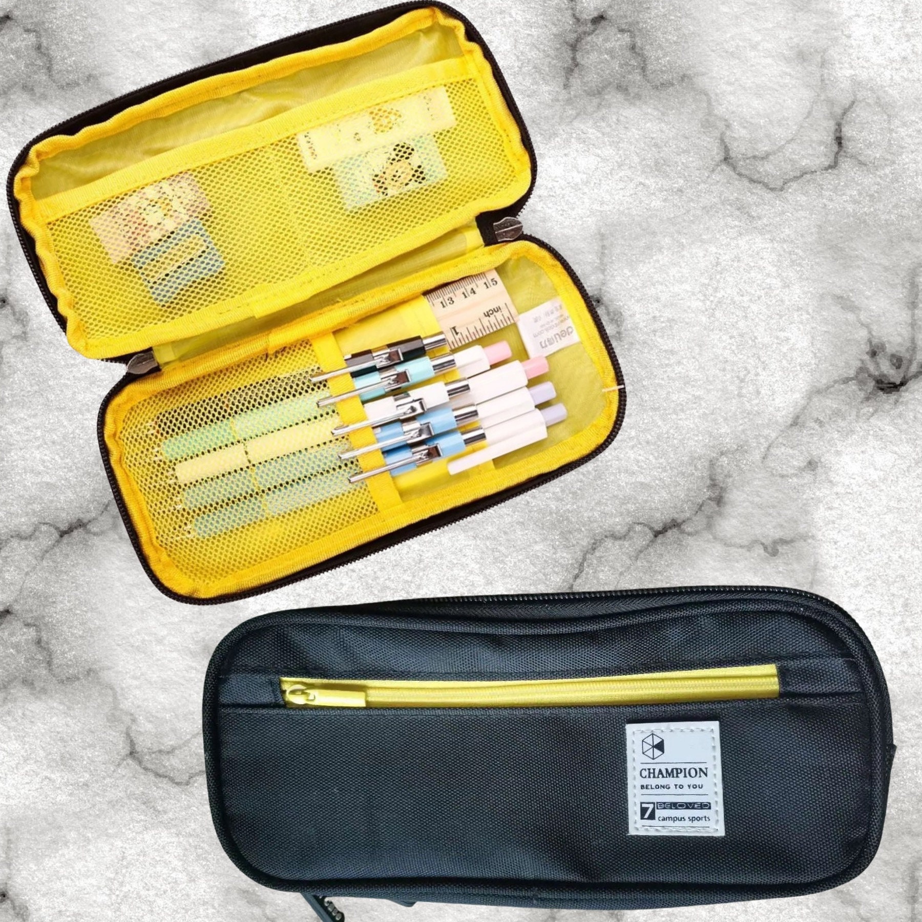 Black & Yellow Large Capacity Pencil Case, 3 Compartments to Store