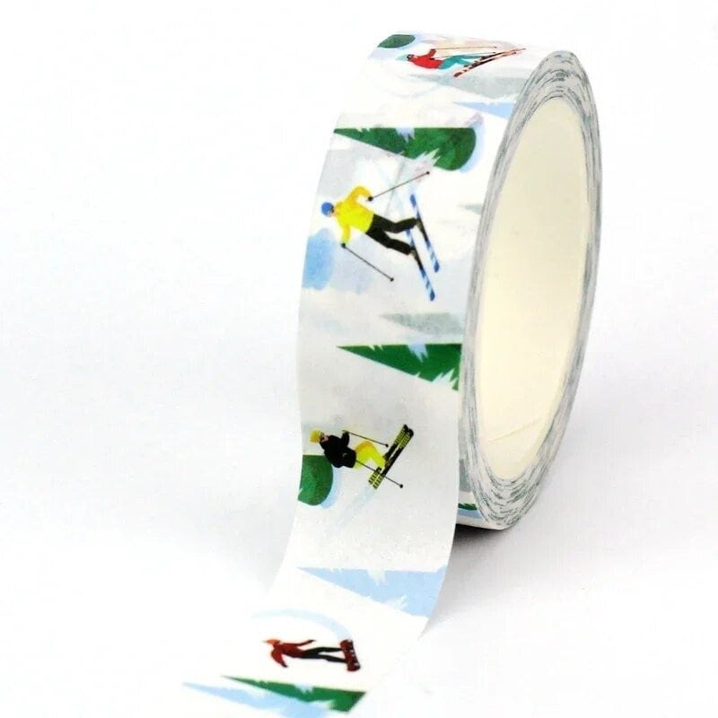 Winter Washi Tape With Skiers on the Slopes, Cabins in the