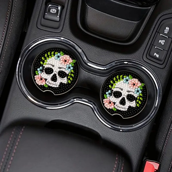 Flash Sale: DIY 2 Sugar Skull Car Coasters, A Fun Diamond Painting Kit, Perfect For Beginners, Tools and Rhinestones Included