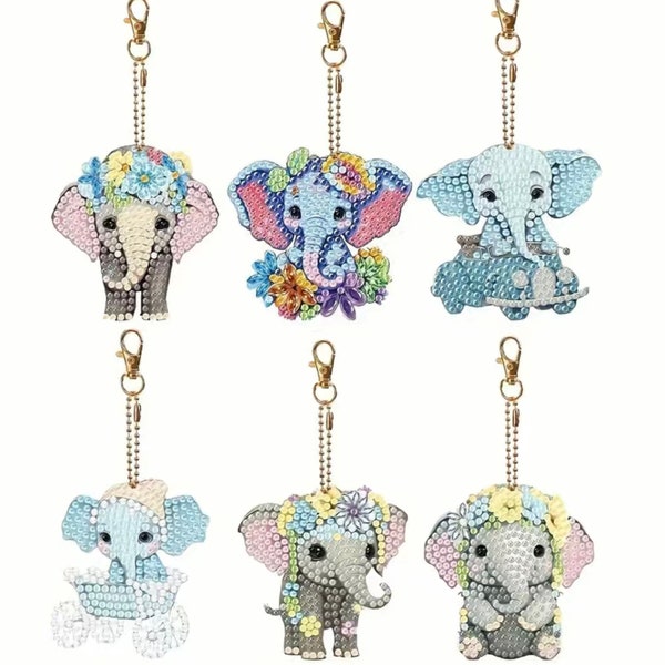 DIY 6 Baby Elephant Keychains/Ornaments Yourself, Double Sided Diamond Painting Kit, Includes Tools and Rhinestones