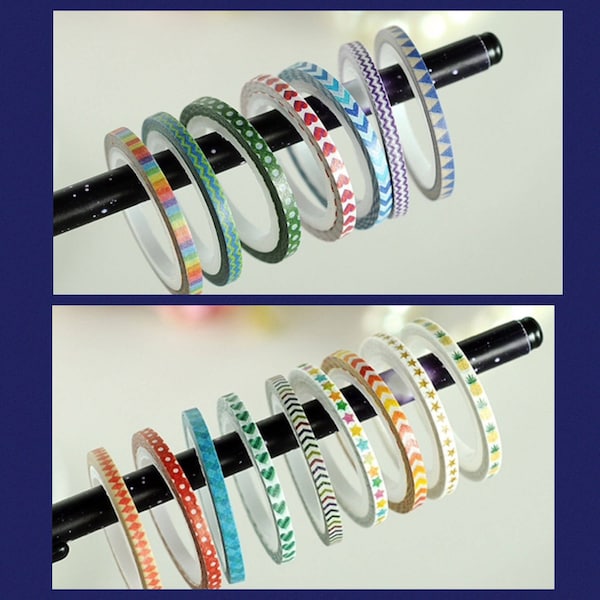 Washi-Sets mit kleinen Mustern mit Regenbogenstreifen, Sternen, Herzen und mehr, 3-mm-Washi-Tape-Rollen „Super Skinny“.