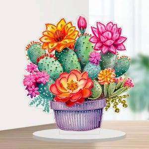 Kit de peinture diamant fleur de cactus en pot – Décoration de table à faire soi-même avec strass et outils, ornement acrylique simple face