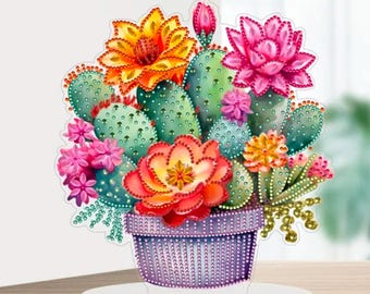 Potted Cactus Flower Diamond Painting Kit – DIY Tabletop Decor with Rhinestones & Tools, Single-Sided Acrylic Ornament