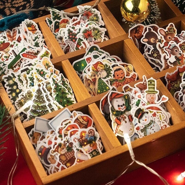 5 Sets Of Vintage Inspired Christmas Stickers, Trees, Jingle Bells, Snowmen And Young Reindeer, 30 Stickers Per Set