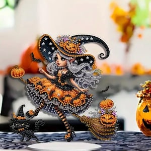Spooky Witch and Black Cat Table Decor – Single Sided DIY Diamond Painting Kit with Rhinestones & Tools – Halloween Craft Display