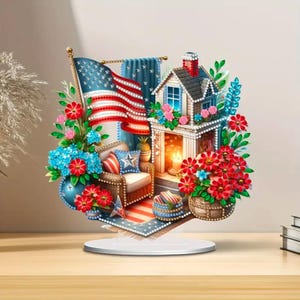 Patriotic Porch Diamant Malerei Kit – DIY Tabletop Dekor mit Strasssteinen & Werkzeugen – Gemütliche Americana Home Art