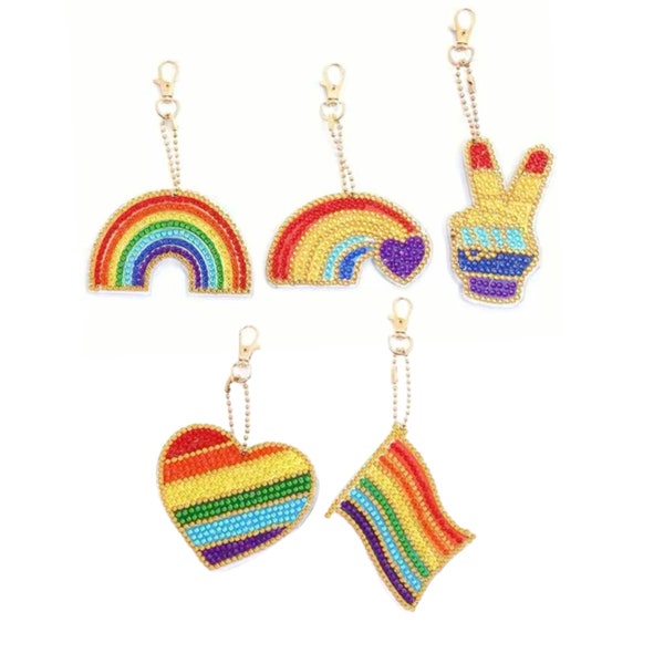 DIY 5 LGBTQ Pride Keychains/Ornaments, Front And Back Design, 5D Diamond Painting Kit, Includes Tools and Rhinestones