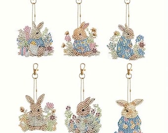 DIY 6 Darling Bunny Keychains/Ornaments, Double Sided Diamond Painting Kit, Includes Tools and Rhinestones