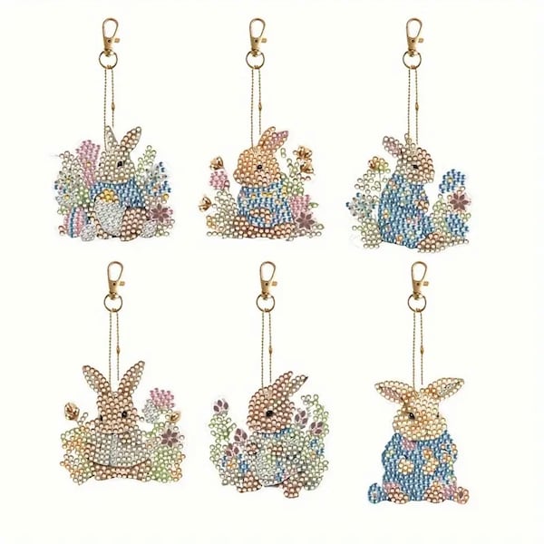 DIY 6 Darling Bunny Keychains/Ornaments, Double Sided Diamond Painting Kit, Includes Tools and Rhinestones