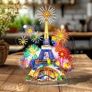 Adorno de mesa con fuegos artificiales de la Torre Eiffel: kit de pintura de diamantes DIY de una sola cara con herramientas