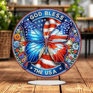 God Bless the USA Diamant Malerei Kit - DIY Schmetterling Suncatcher oder Tabletop Decor mit Strasssteinen & Werkzeugen - Americana Design