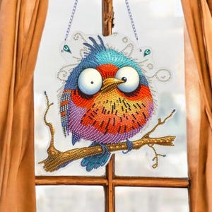 Kit attrape-soleil bricolage diamant peinture oiseau aux grands yeux - Décoration à suspendre double face avec strass et outils inclus