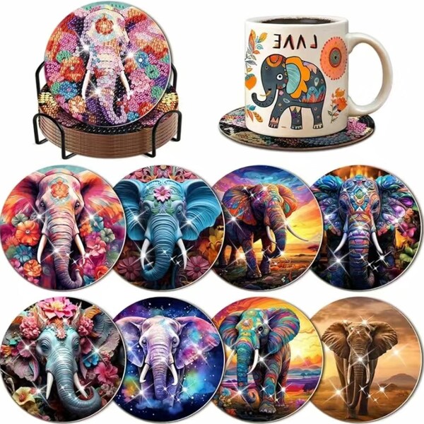 Flash Sale: 8 DIY Decorated Elephant Coasters With Headdresses, 5D Diamond Painting Kit, Tools and Rhinestones Included