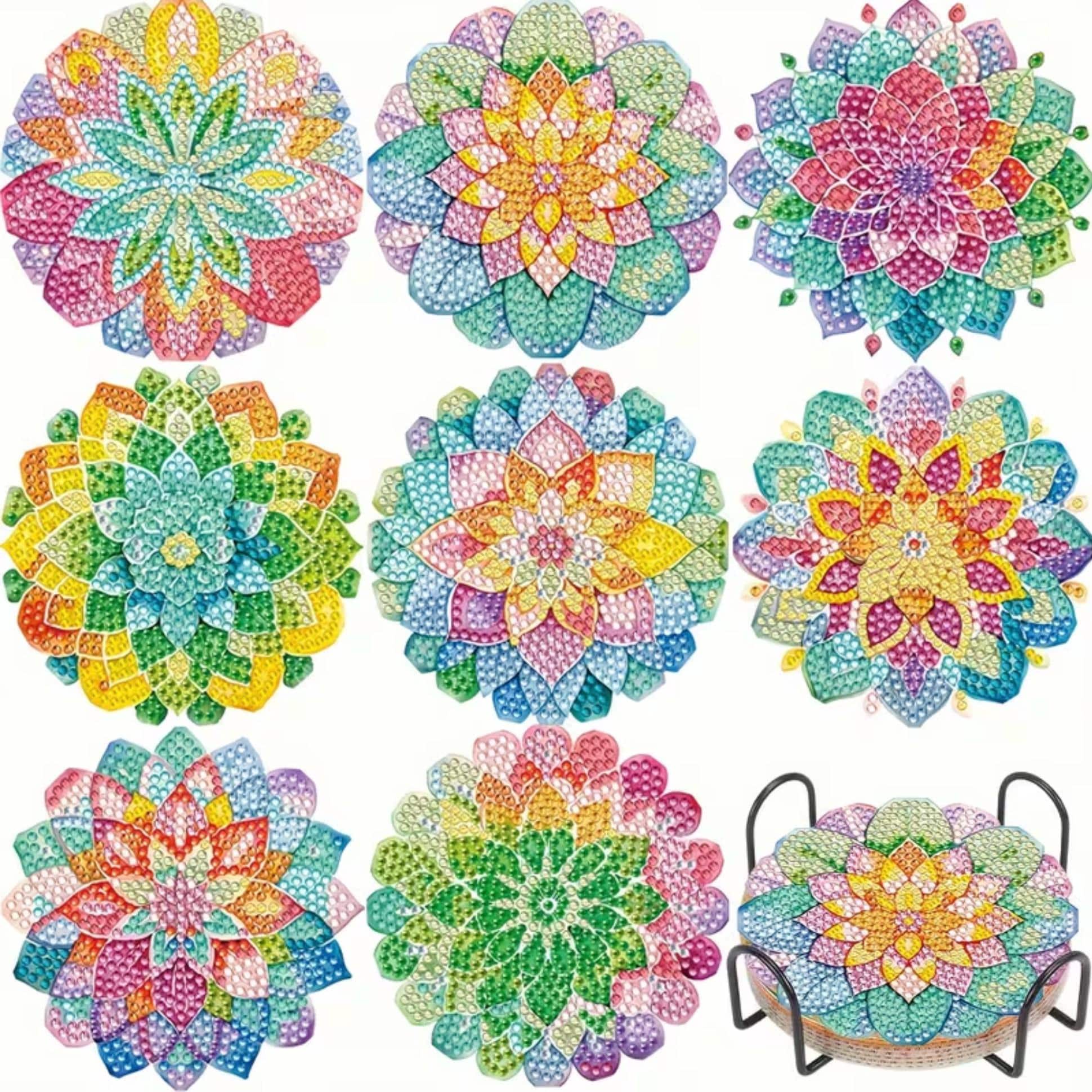 Set da 8 pezzi di sottobicchieri dipinti con diamanti fai-da-te con motivo mandala e portabicchieri gratui  15