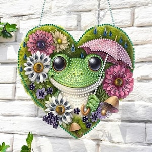 Capteur de soleil Rainy Day grenouille - Kit de peinture diamant DIY avec parapluie, fleurs et strass - Décoration de fenêtre suspendue recto-verso