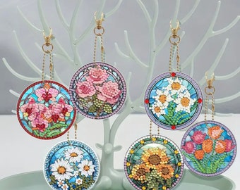 DIY 6 Flowers In Stained Glass Keychains/Ornaments, Double Sided Diamond Painting Kit, Includes Tools and Rhinestones
