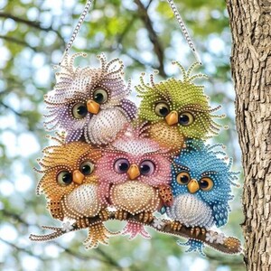 Attrape-soleil coloré famille hiboux - Kit de peinture diamant bricolage, décoration de fenêtre suspendue simple face avec strass et outils