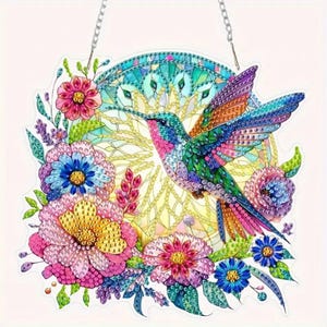 Kit de peinture diamant petit colibri - attrape-soleil à faire soi-même, décoration de fenêtre suspendue simple face avec strass et outils