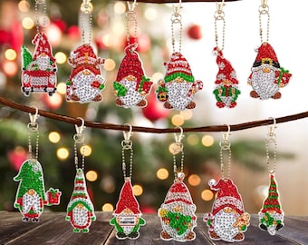 DIY 12 Christmas Gnome Ornaments Yourself, Double Sided Diamond Painting Kit, Includes Tools and Rhinestones