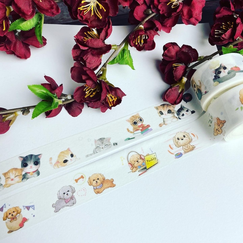 or A Yarn Of String Washi Tape with Release Backing Having a Ball Sample Lengths Puppies and Kittens