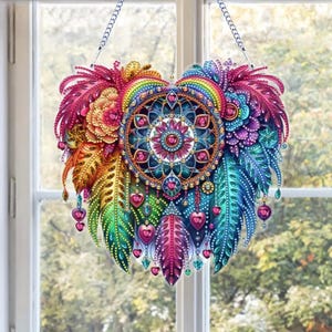 Rainbow Dreamcatcher Heart Diamond Painting Kit – Double Sided DIY Sun Catcher with Feathers & Hearts