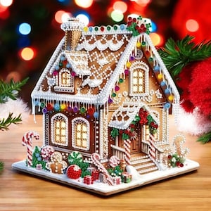 May include: A decorative gingerbread house featuring brown walls with white icing details, illuminated windows, and a roof adorned with colorful lights. The exterior is decorated with candy canes, small gift boxes, and a gingerbread person figure.
