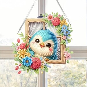 Attrape-soleil diamant double face Peeking Bluebird – Adorable kit de suspension DIY avec strass