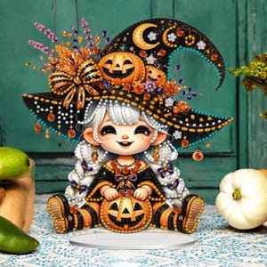 Whimsical Young Witch – DIY Diamond Painting Kit with Rhinestones, Tools & Stand – Single Sided Halloween Table Decor