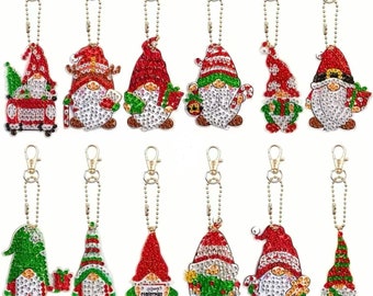 DIY 12 Christmas Gnome Ornaments Yourself, Double Sided Diamond Painting Kit, Includes Tools and Rhinestones