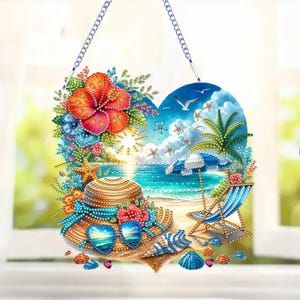 Scène de plage tropicale - Kit de peinture diamant, attrape-soleil simple face avec strass et outils, décoration de fenêtre suspendue bricolage