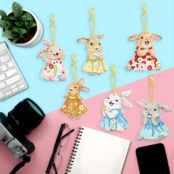 DIY 6 Happy Bunnies Wearing Dresses, Double Sided Keychains/Ornament Diamond Painting Kit, Includes Tools and Rhinestones