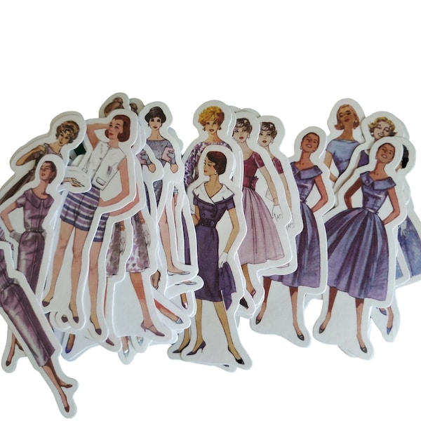 Vintage Fashion Stickers, Shades Of Purple, Women & Girls Outfits Mid 20th Century, 40 Stickers